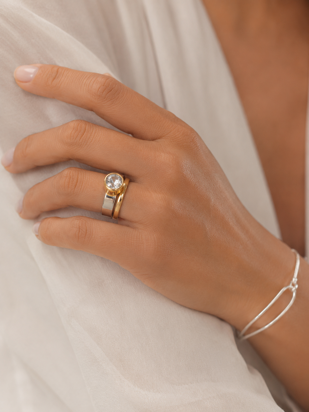 Silver and Gold Wide Band Ring Duo