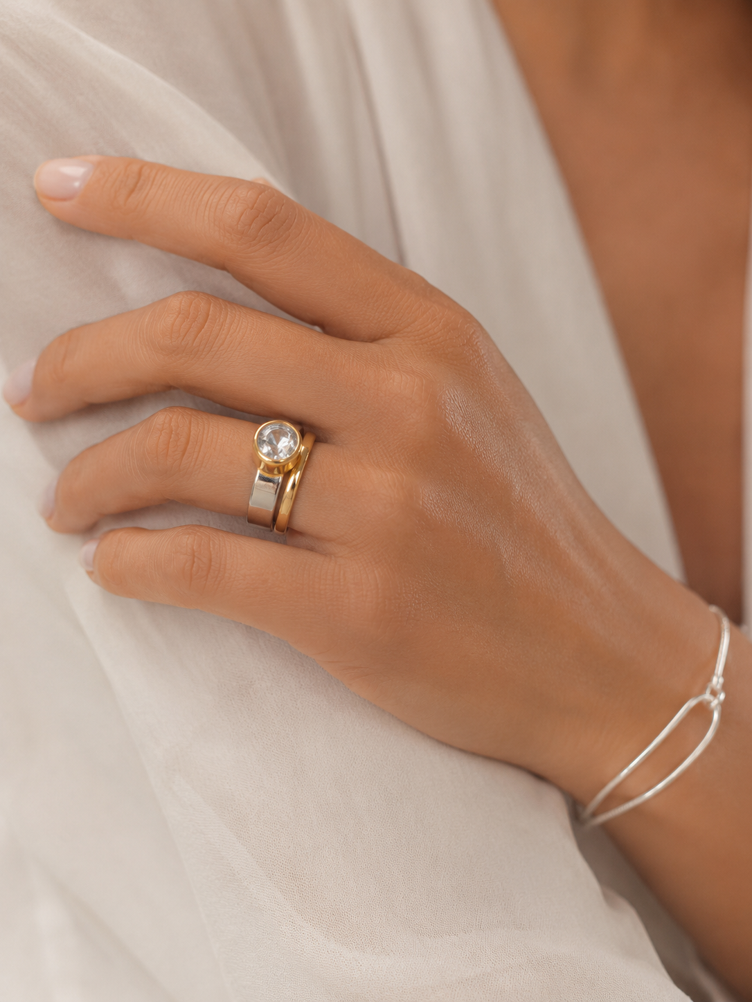 Silver and Gold Wide Band Ring Duo