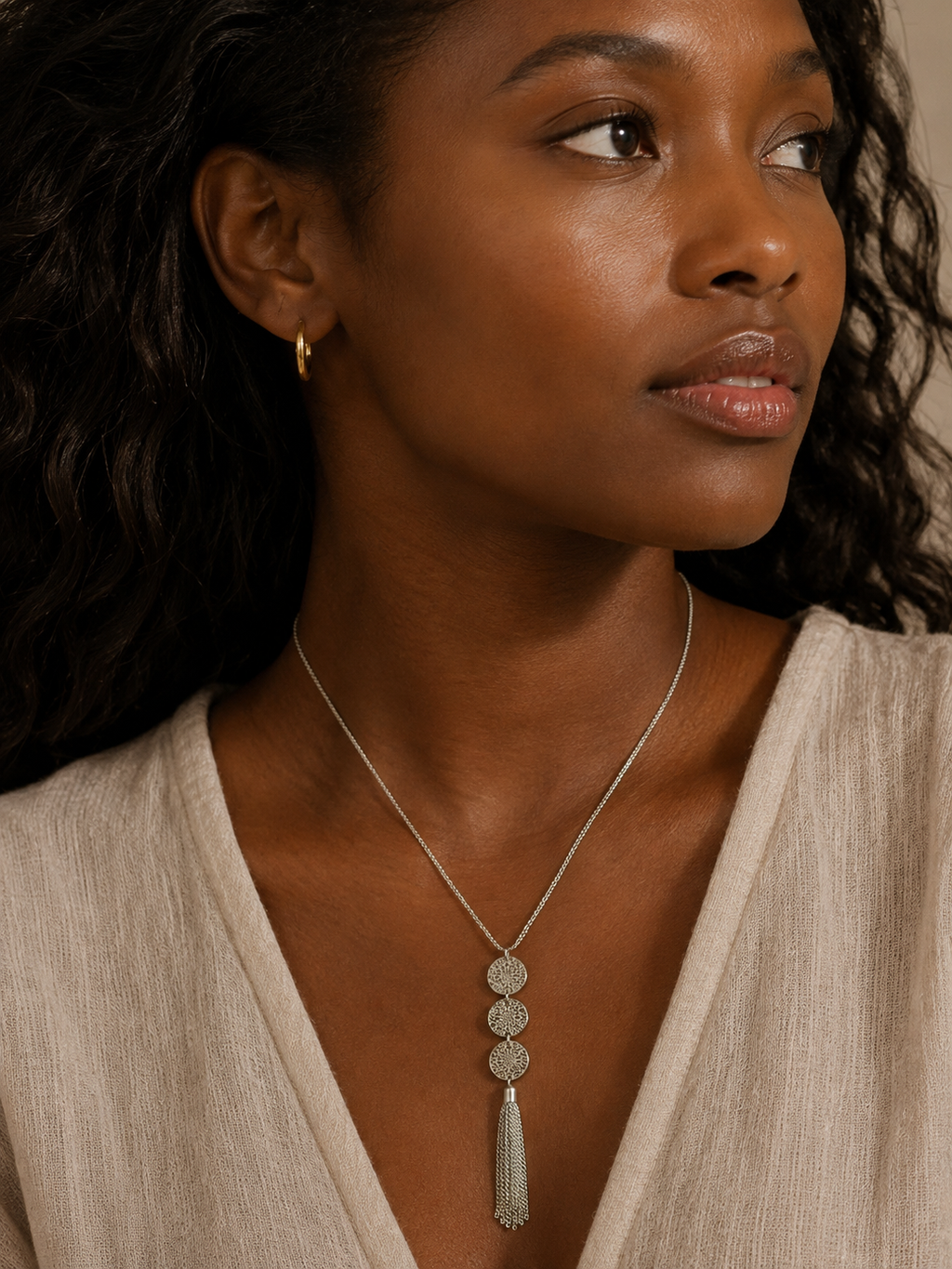 Silver Filigree Disc Tassel Necklace