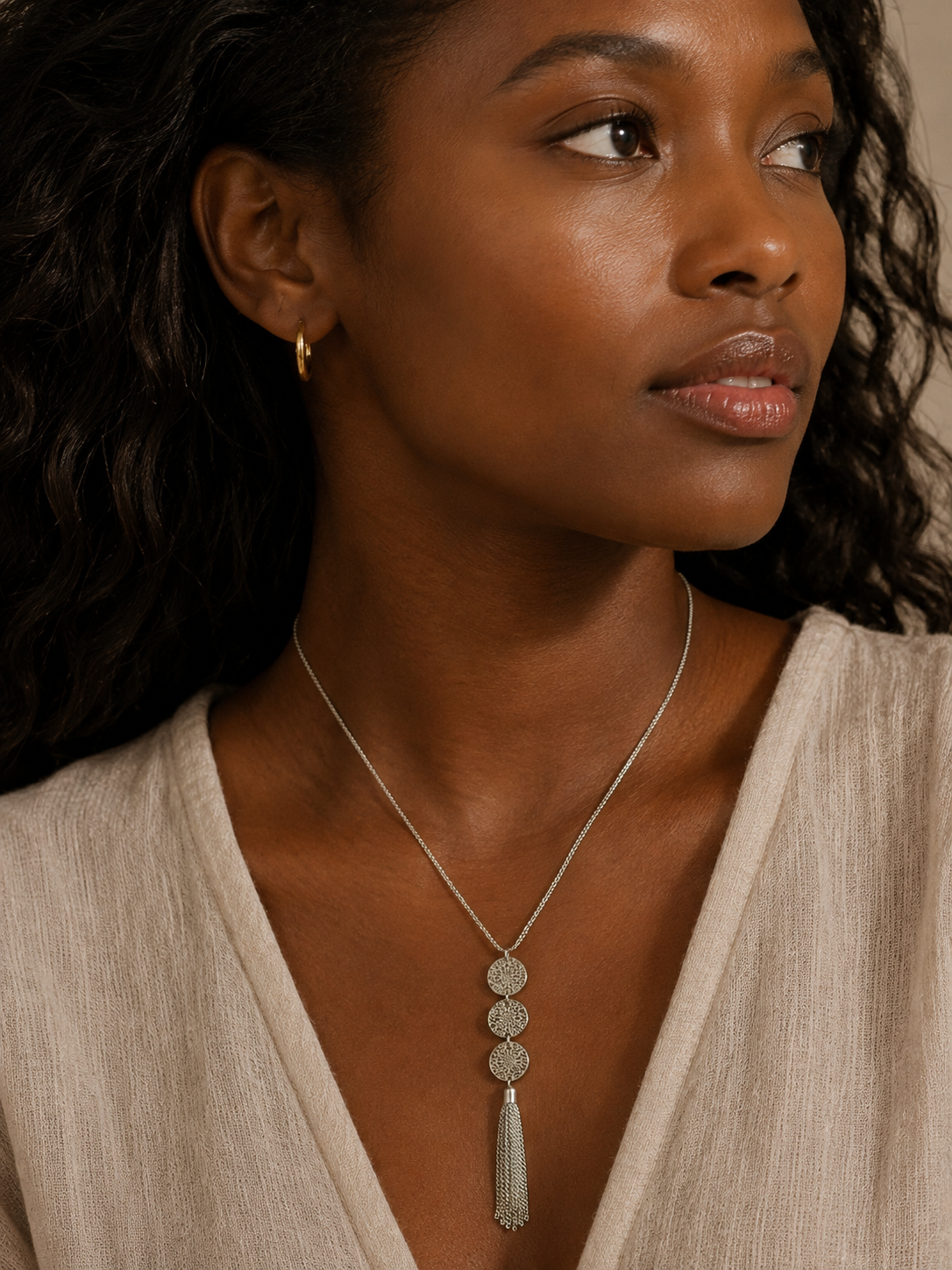 Silver Filigree Disc Tassel Necklace