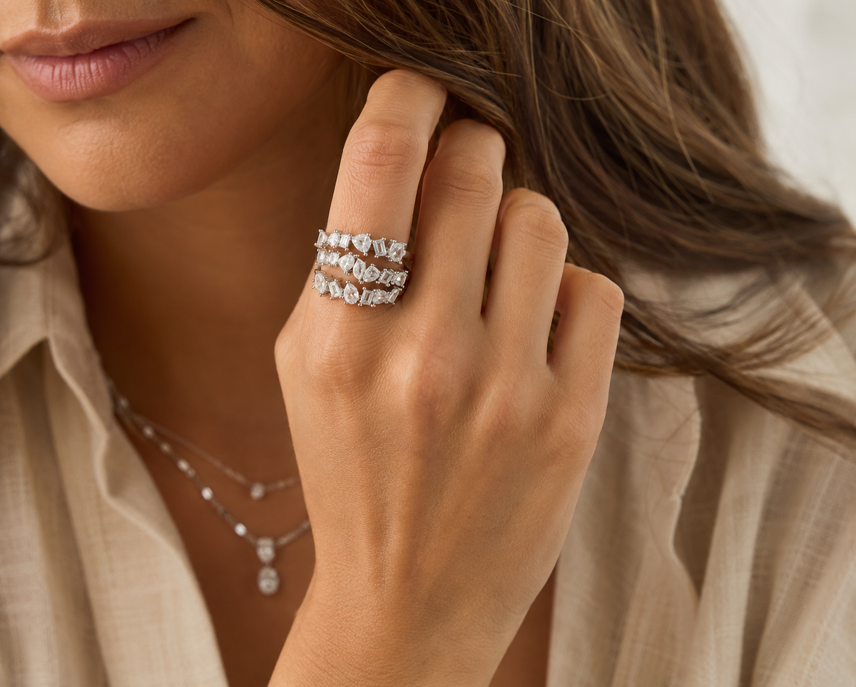 Silver Crystal Cluster Wrap Ring
