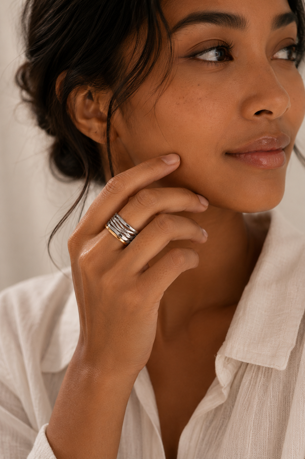 Wide Silver Wave Ring with Gold Rim Edge
