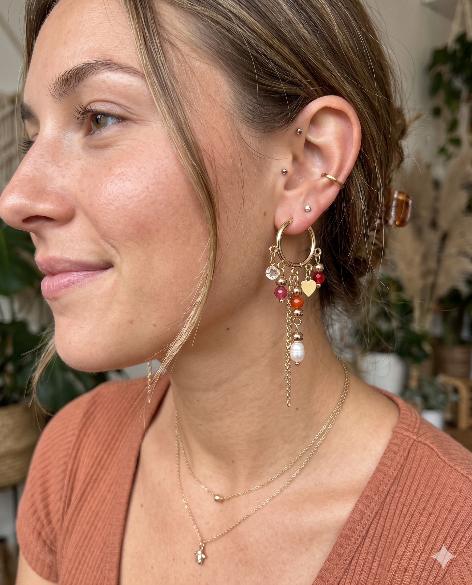 Gold Huggie Hoop Earrings with Mixed Gemstone Charms