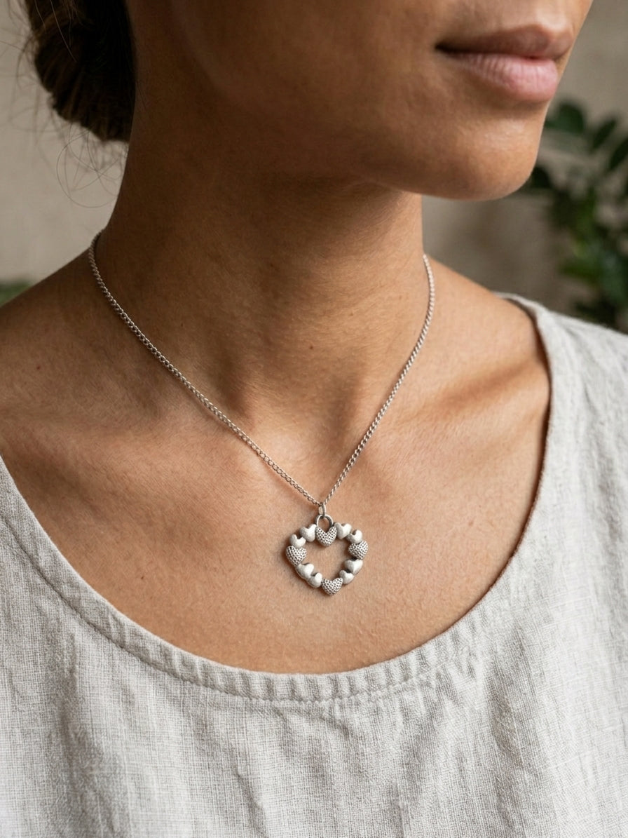 Silver Open Heart Necklace, Textured Heart Links