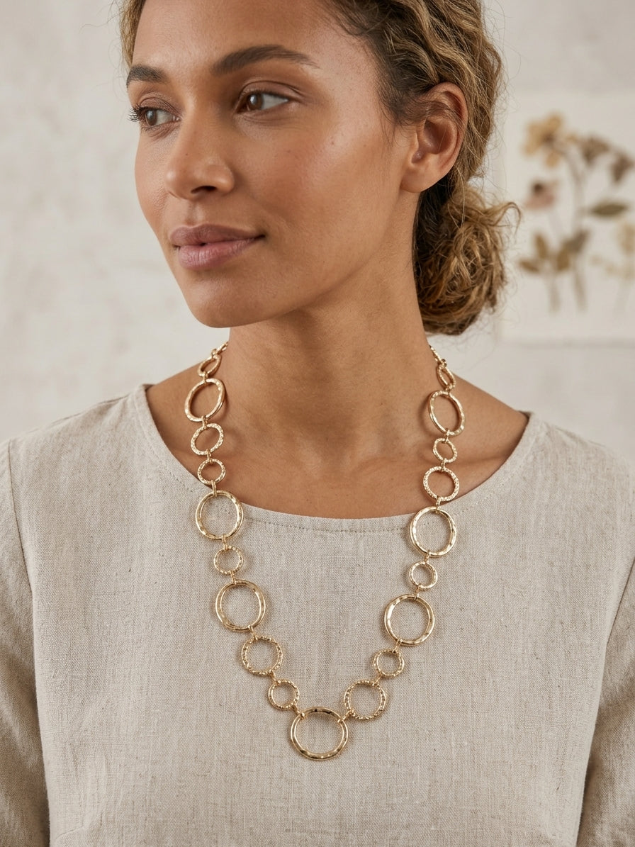Gold Open Circle Link Necklace, Long, Textured