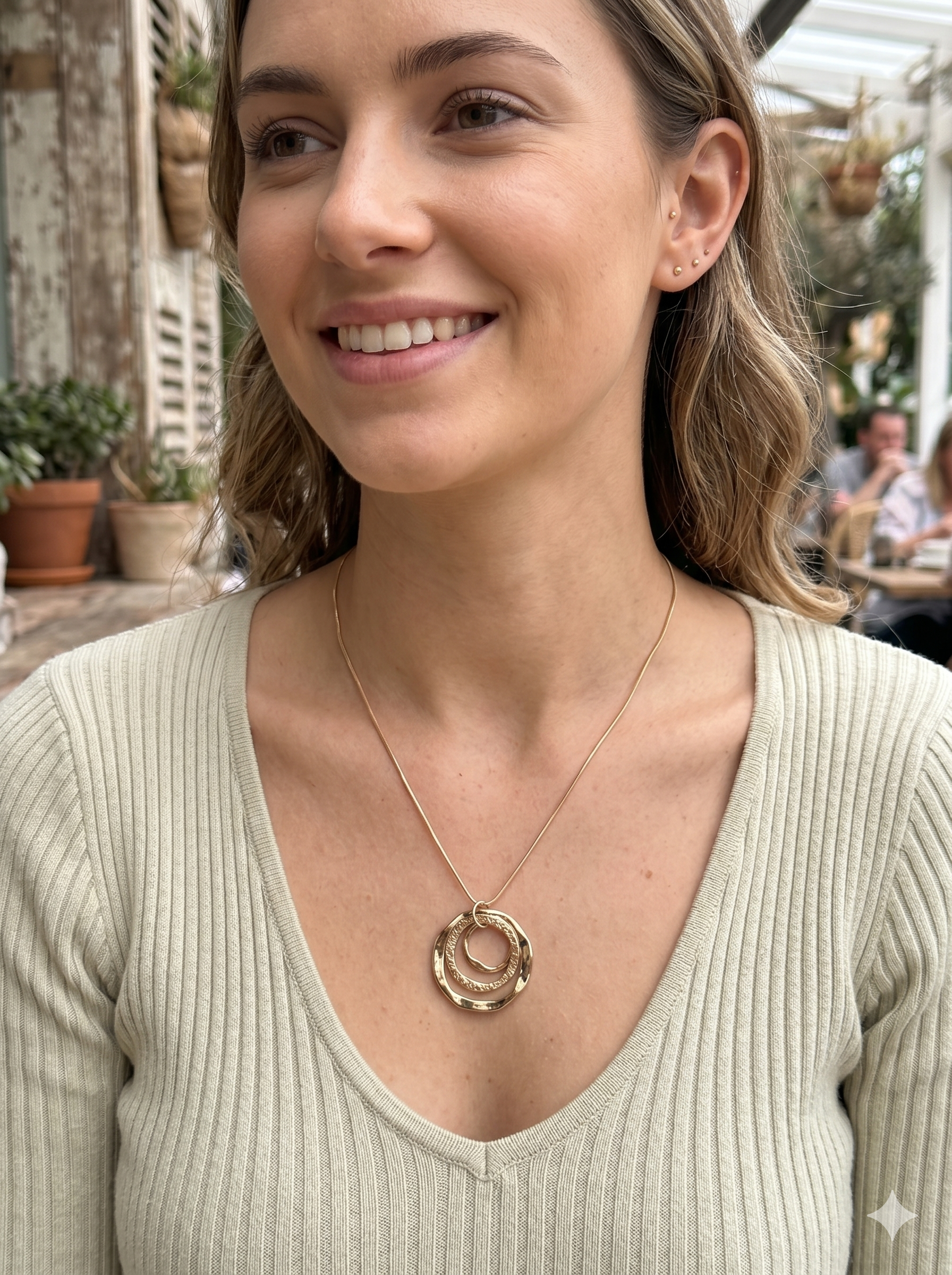 Triple Ring Long Gold Pendant Necklace