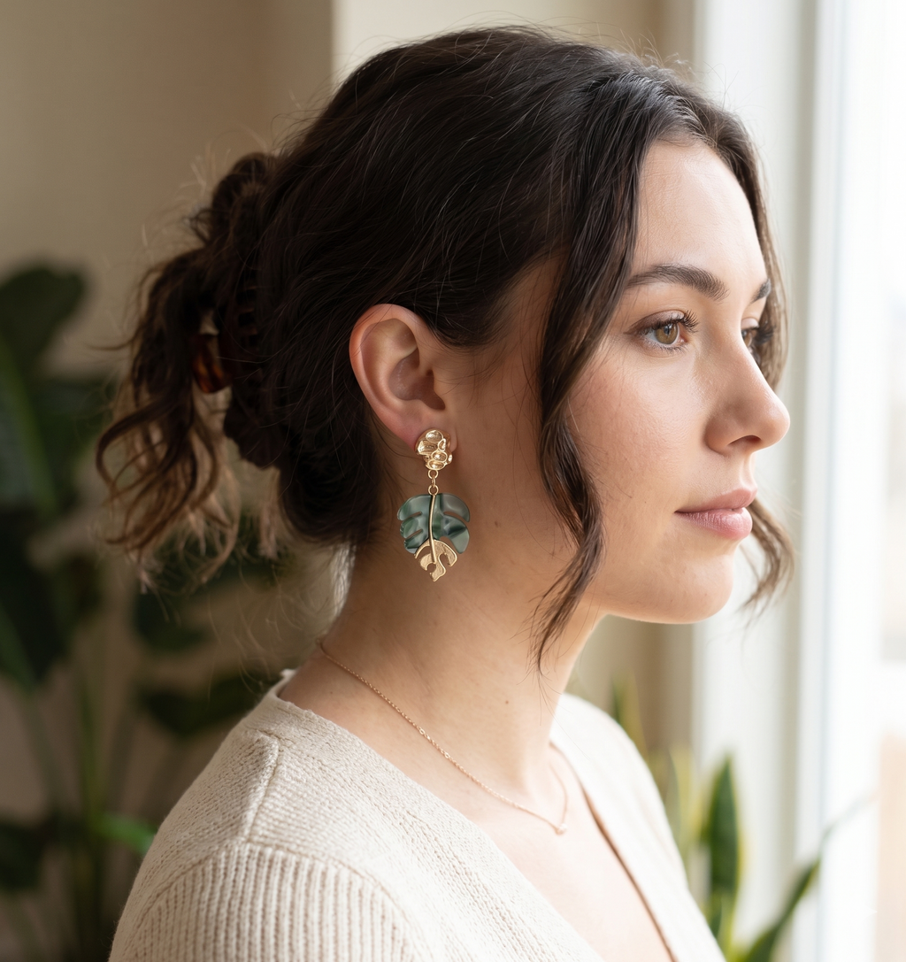 Monstera Leaf Acetate Drop Earrings