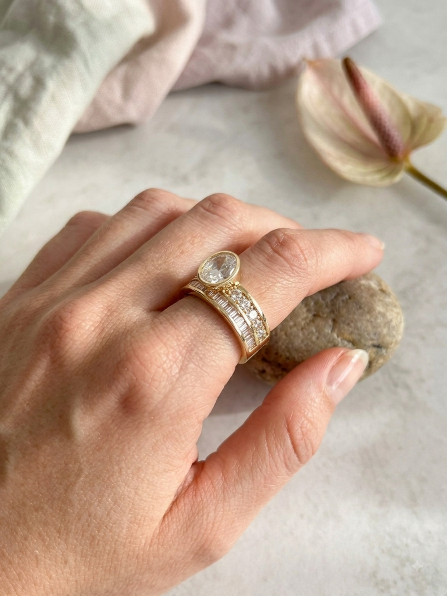 Gold Wide Band Round CZ Bezel Ring with Stone Rows