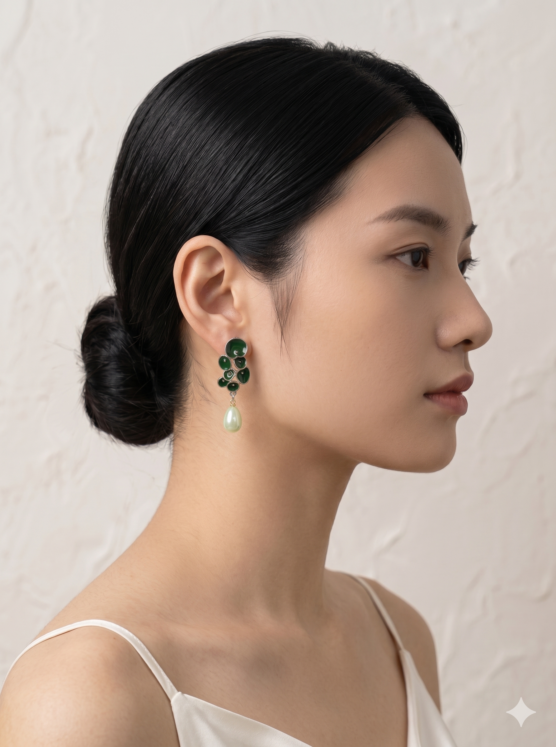 Green Petal Cluster Earrings with Mint Pearl Drops