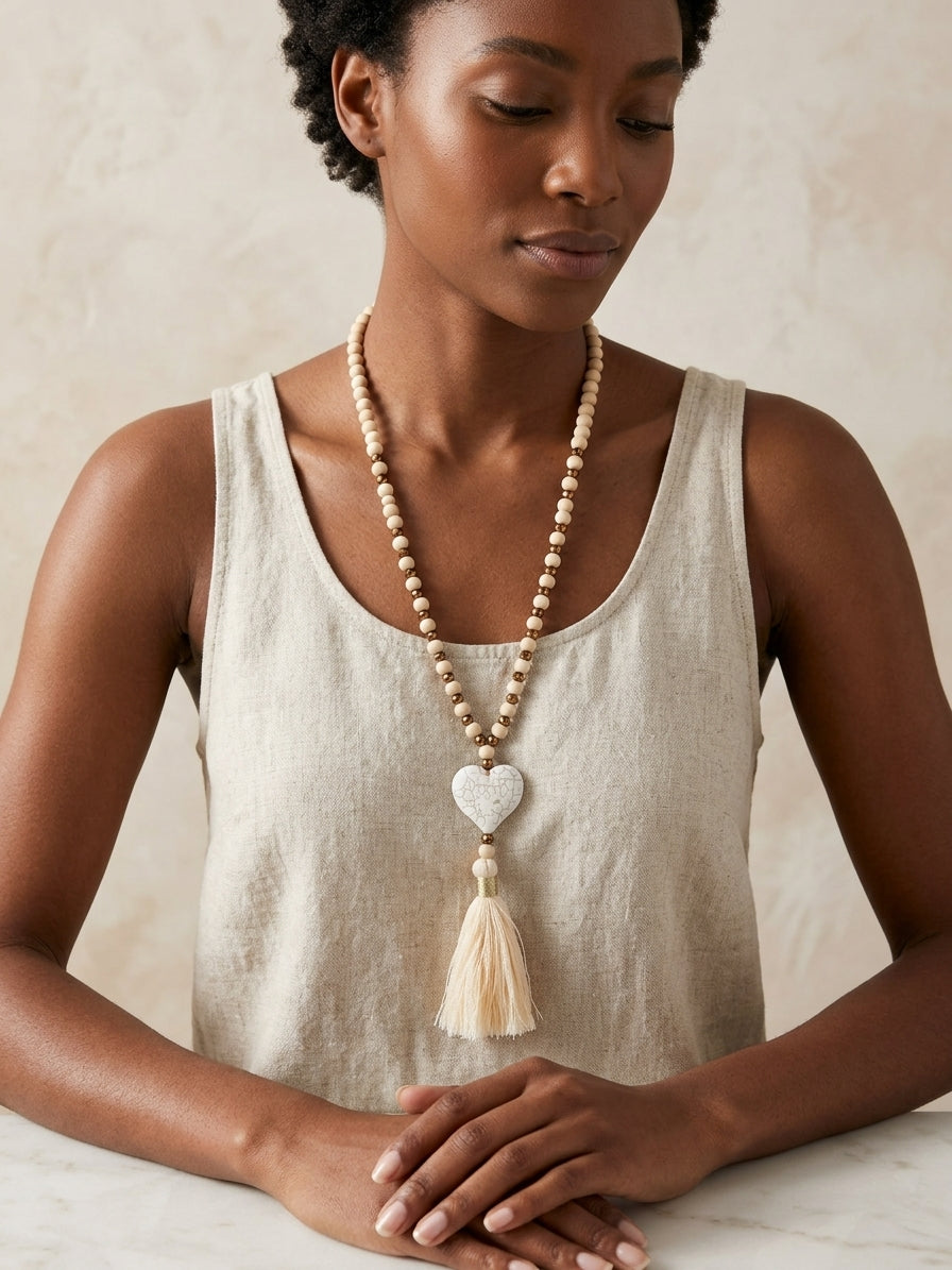 White Wood Bead Necklace with Heart Pendant and Tassel