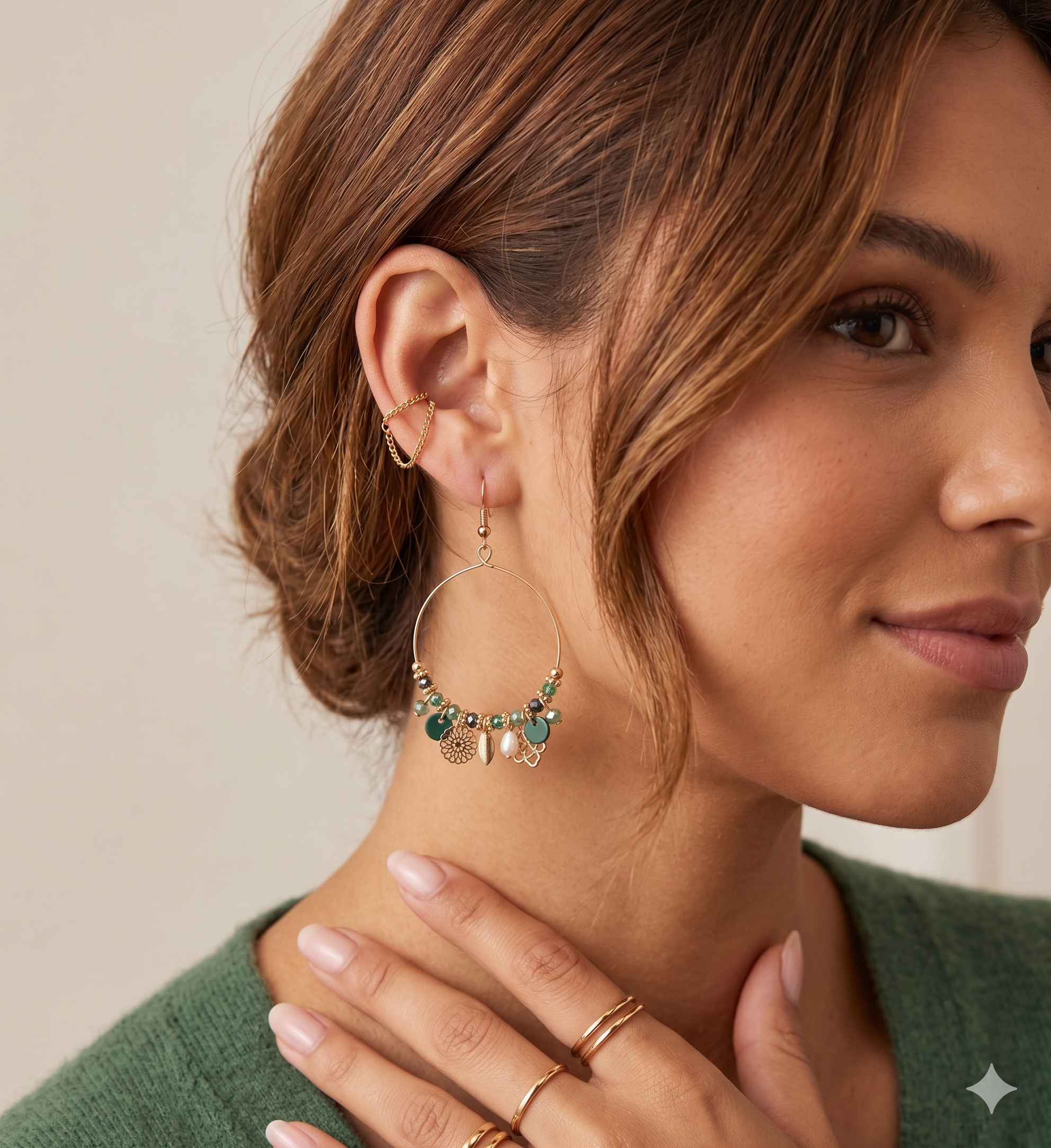 Teal and Sage Beaded Charm Hoop Earrings