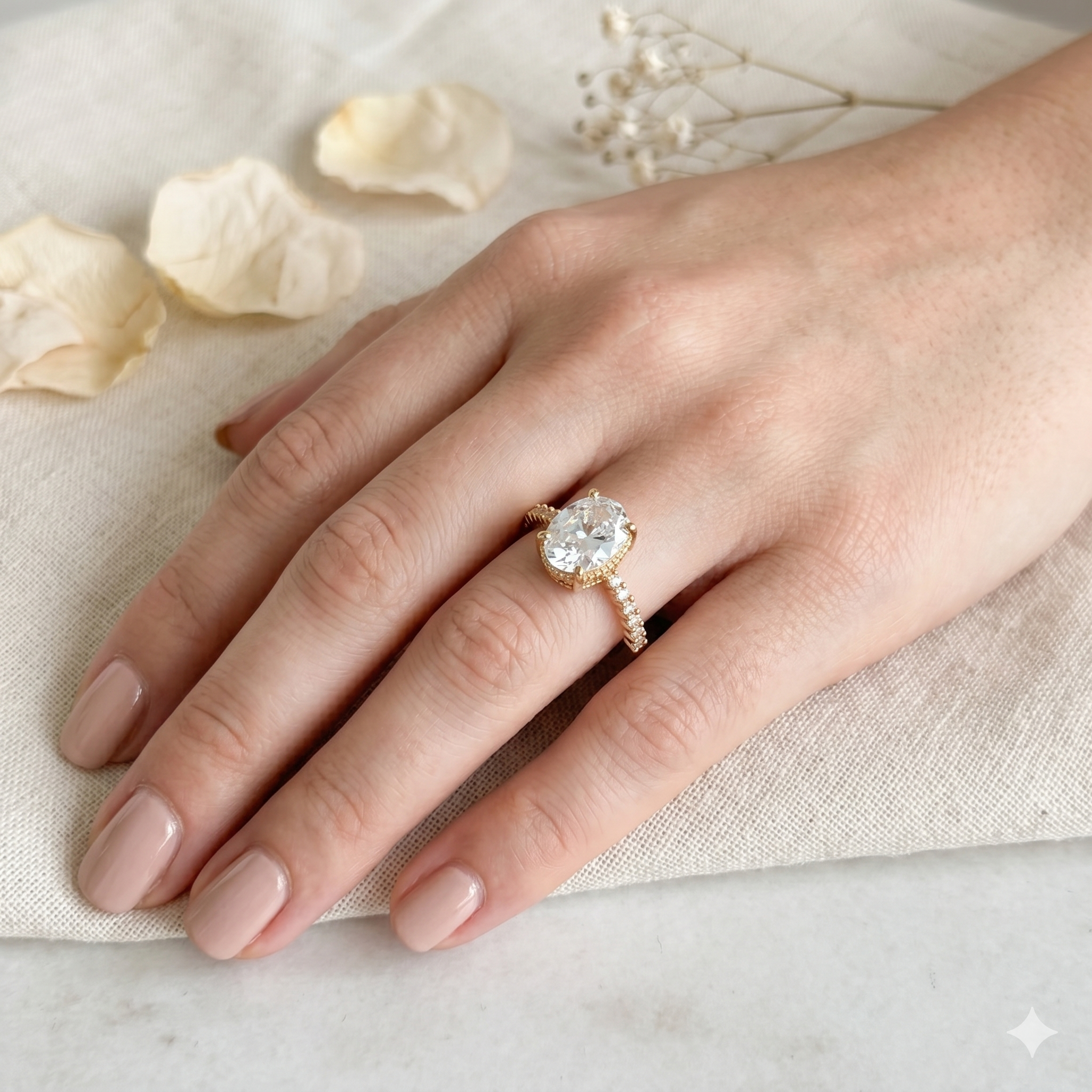 Gold Oval Zircon Solitaire Pave Shoulders Ring