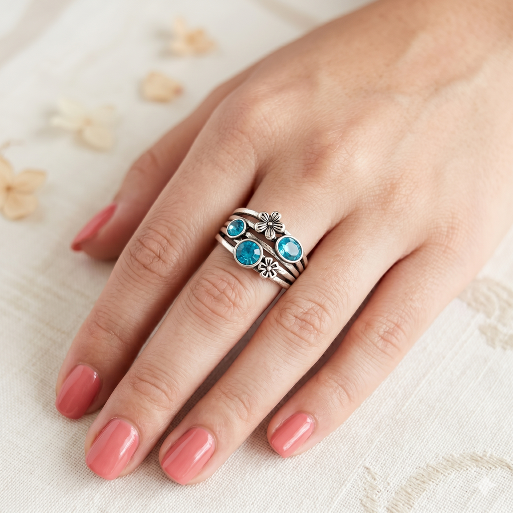 Silver Stacking Ring Blue Crystals and Flower Charm