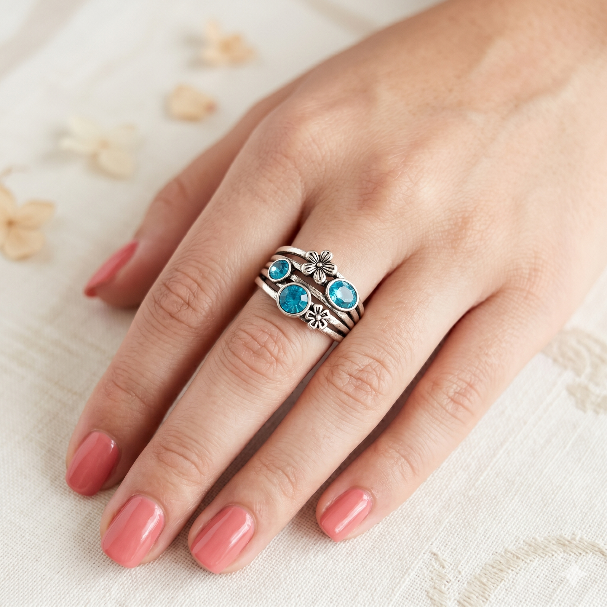 Silver Stacking Ring Blue Crystals and Flower Charm