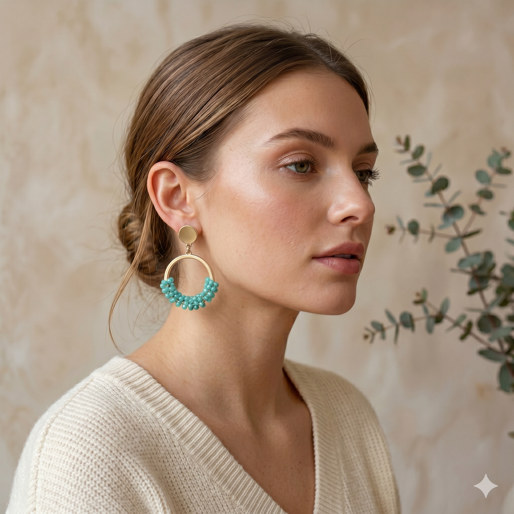 Teal Crystal Cluster Hoop Drop Earrings, Boho Statement Jewelry