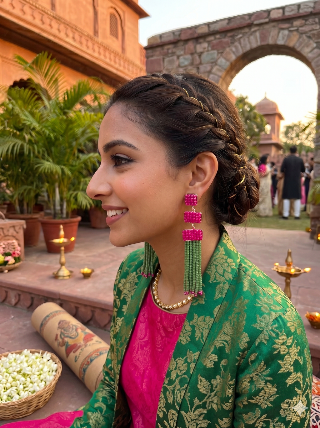 Fuchsia and Green Crystal Fringe Drop Earrings
