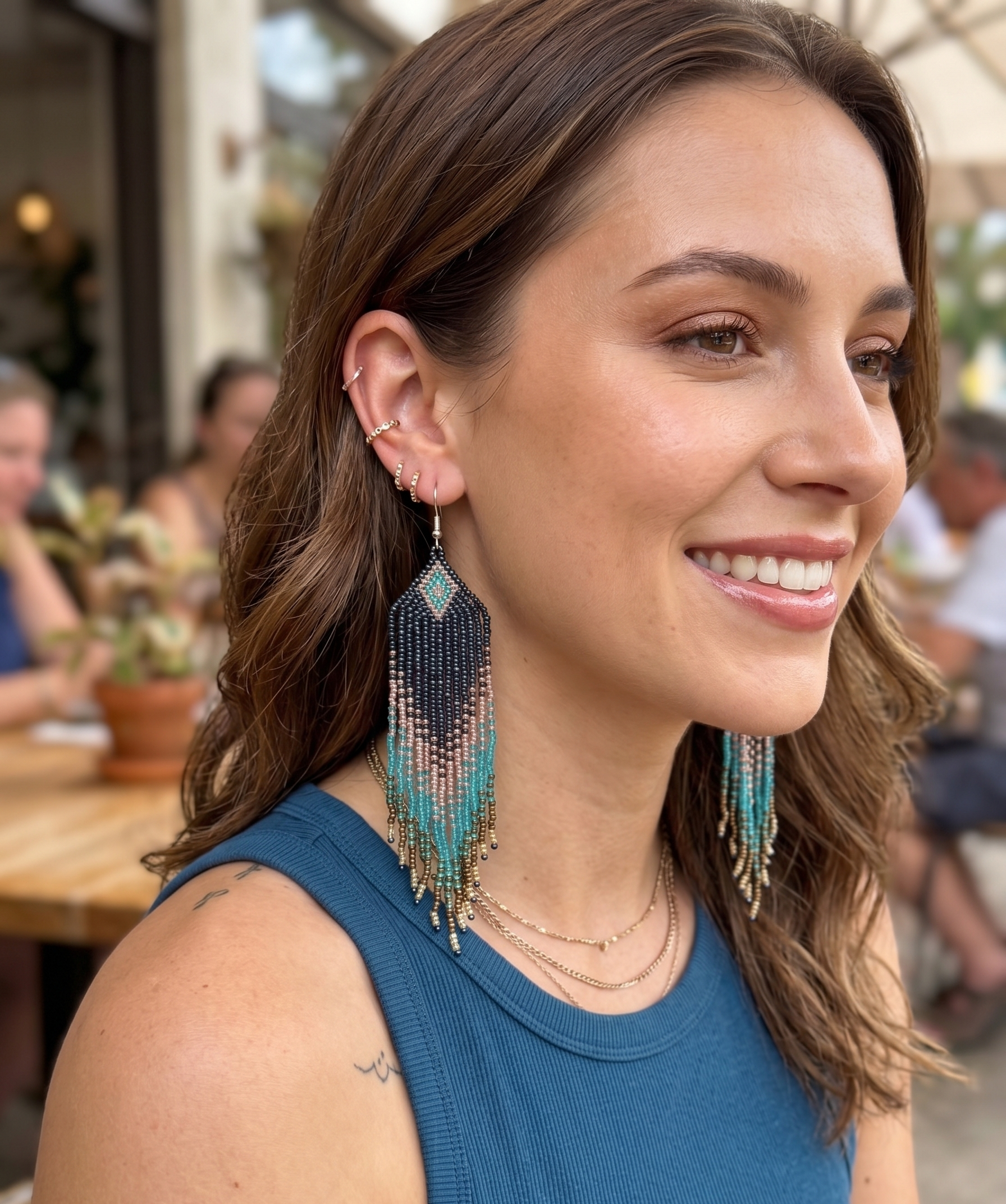 Blue and Turquoise Beaded Tassel Earrings