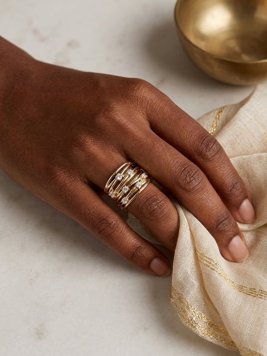 Gold Wide Lattice Ring with Scattered Jewels