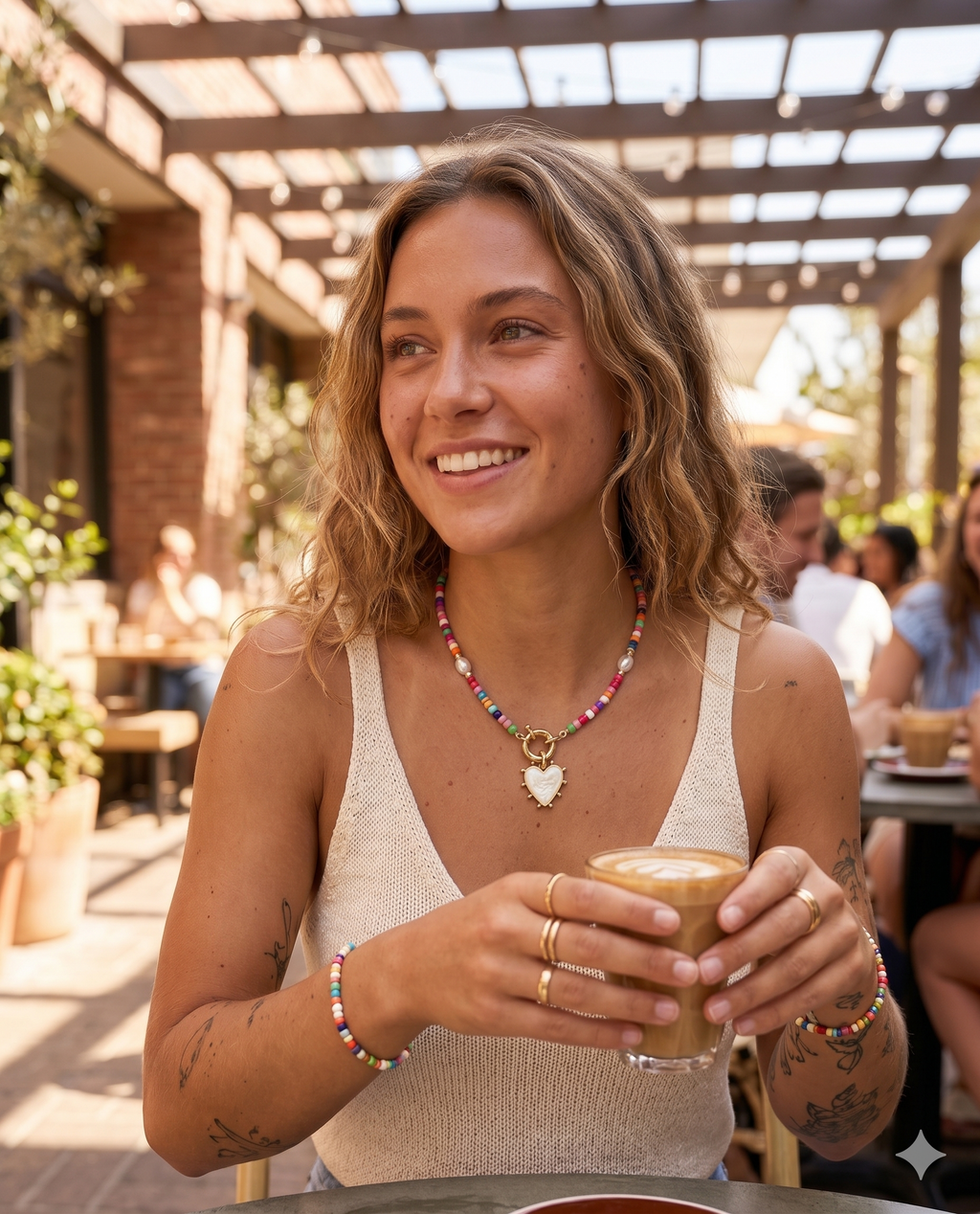 Rainbow Seed Bead & Pearl Heart Necklace