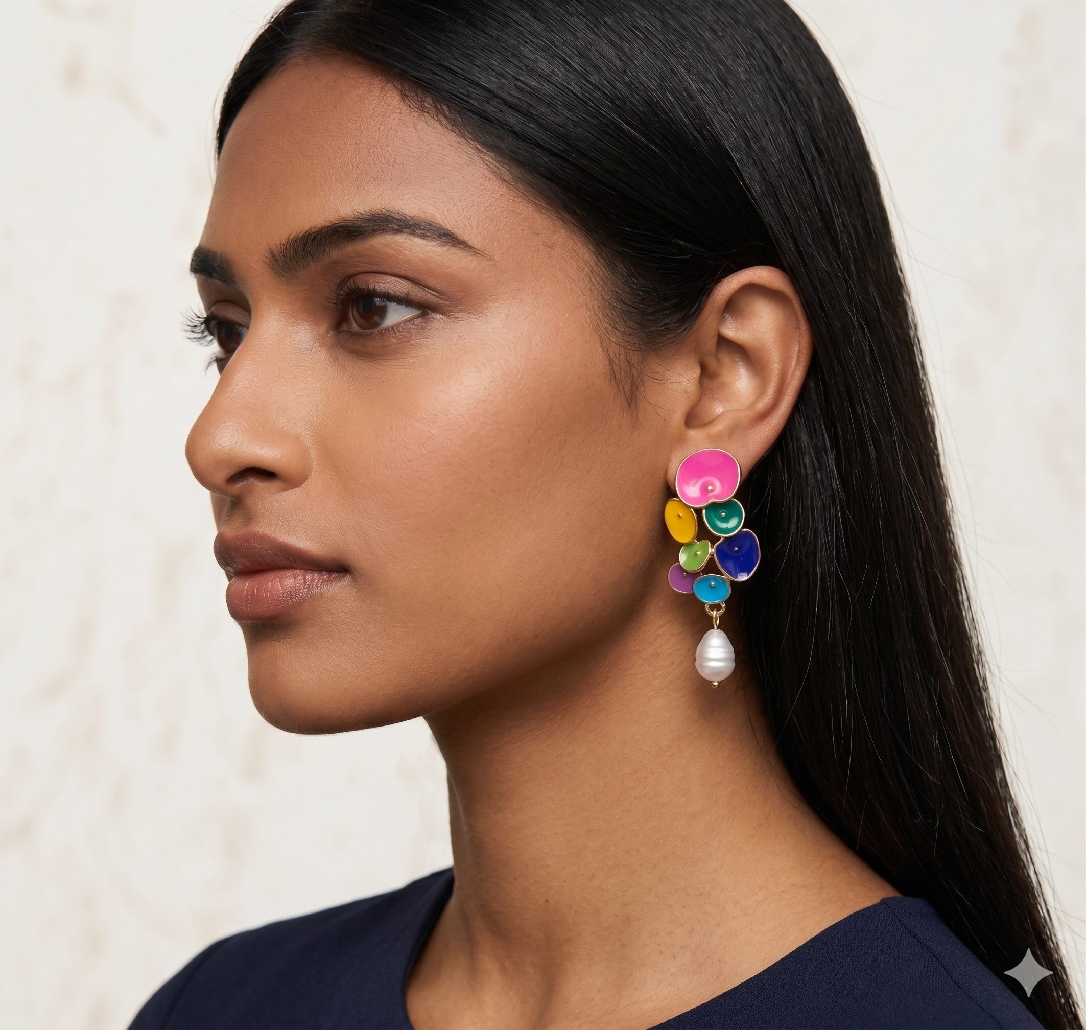 Rainbow Petal Cluster Earrings with Baroque Pearl Drops