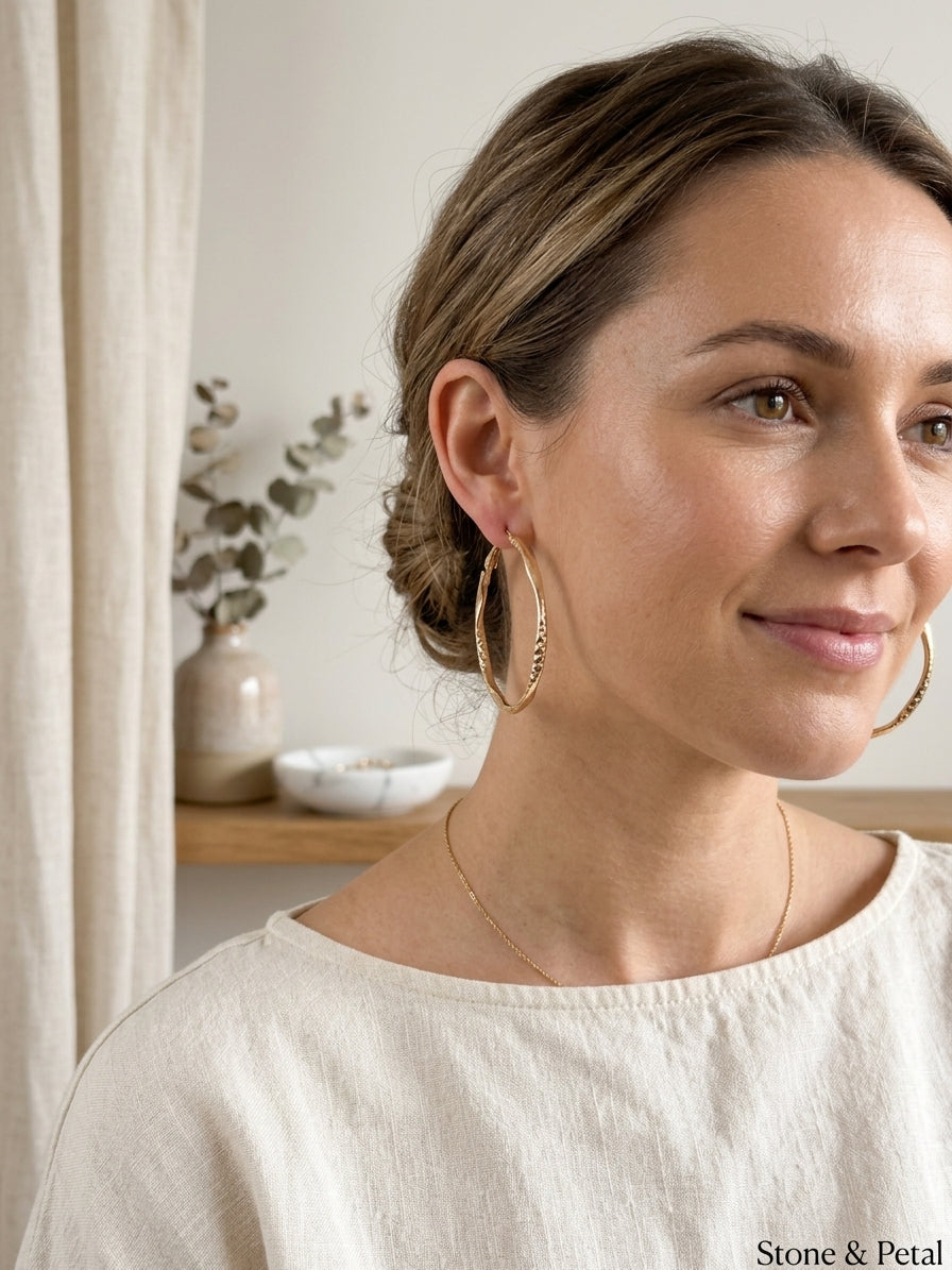 Gold Half Textured Twist Hoop Earrings