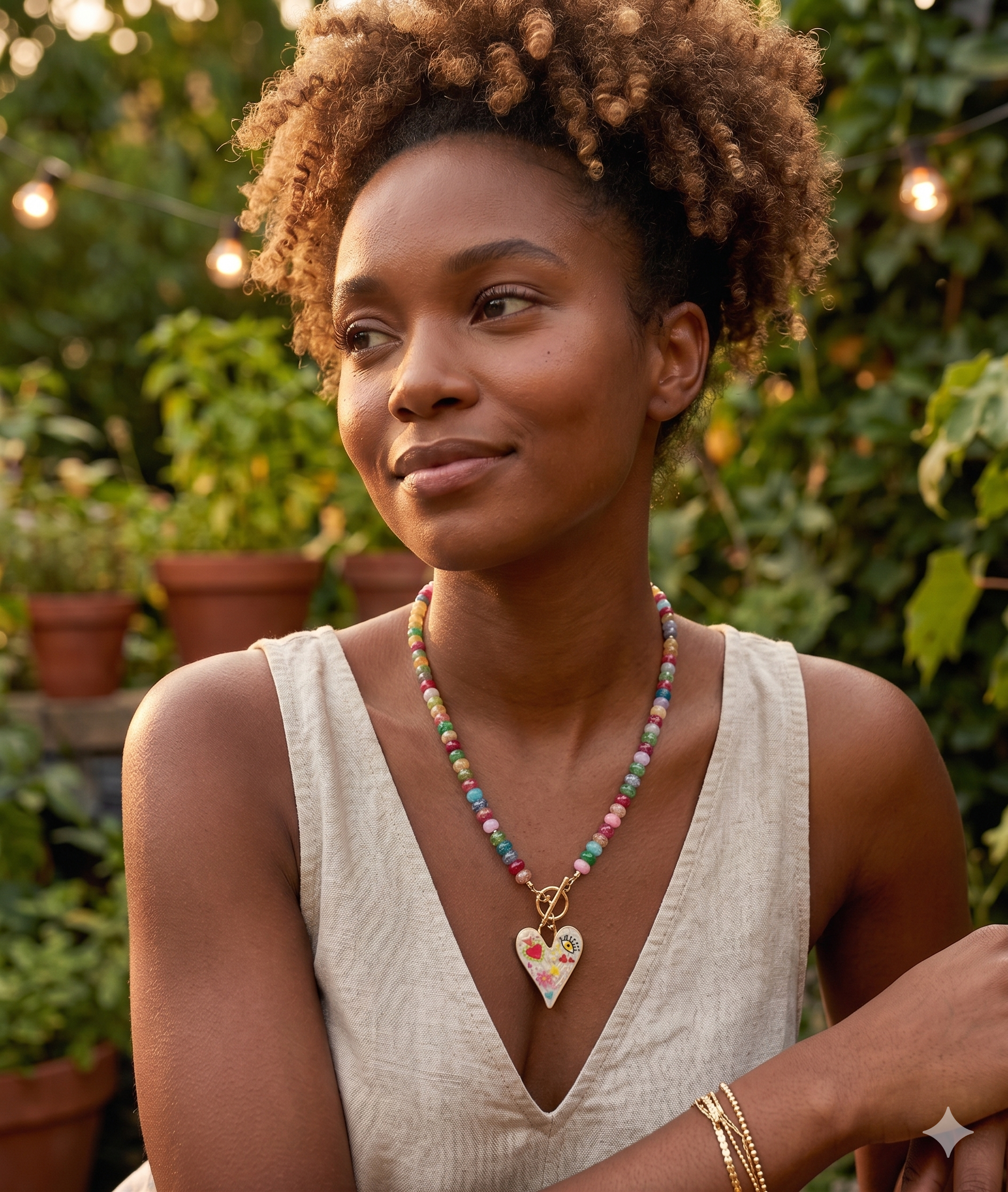 Rainbow Rondelle & Folk Art Heart Necklace