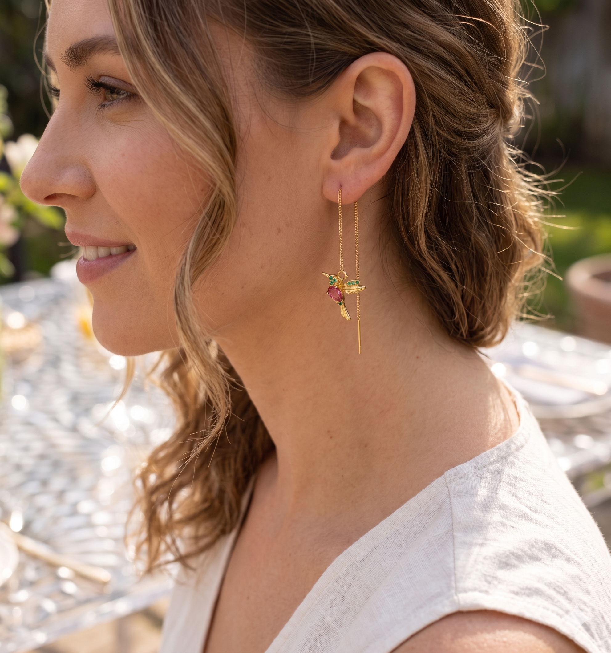 Hummingbird Crystal Threader Earrings, Pink and Green