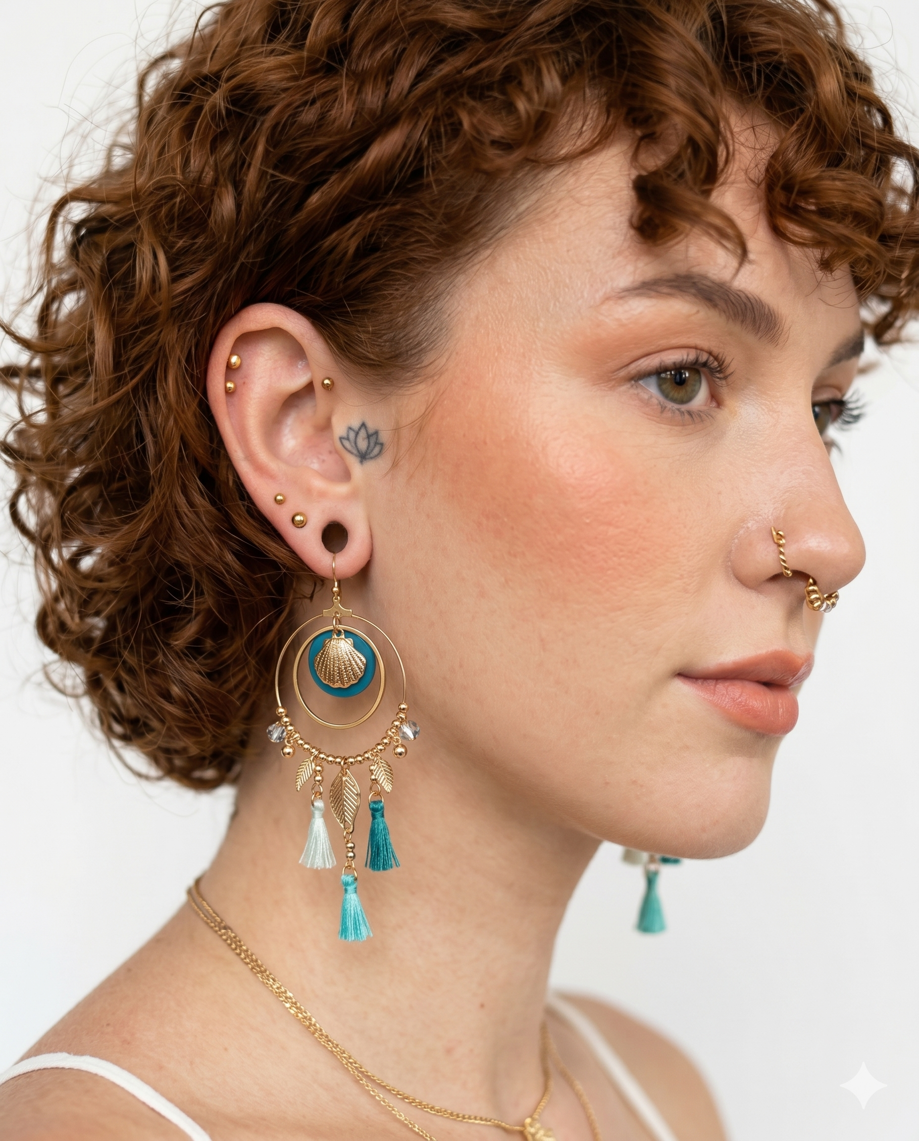 Seashell Charm Turquoise Tassel Hoop Earrings