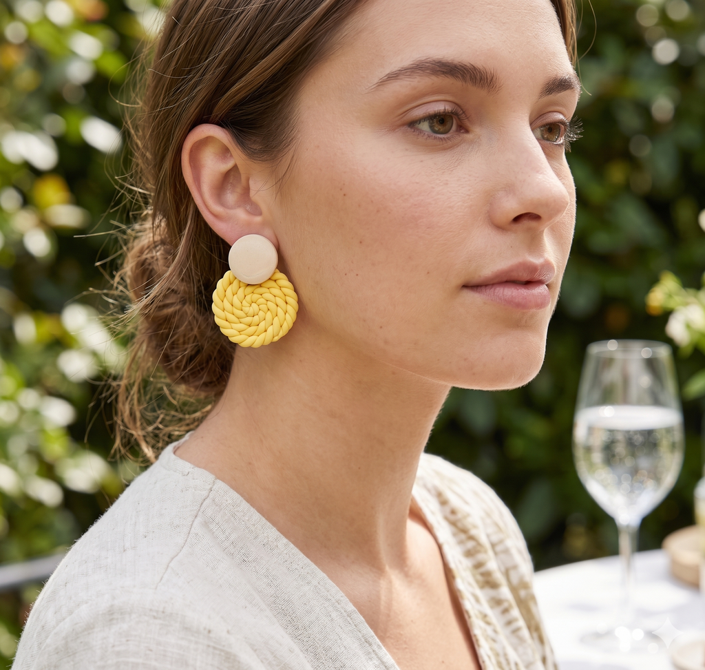 Natural Wood and Yellow Rope Drop Earrings