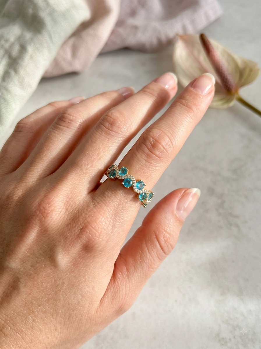 Gold Open Ring with Turquoise CZ Cluster