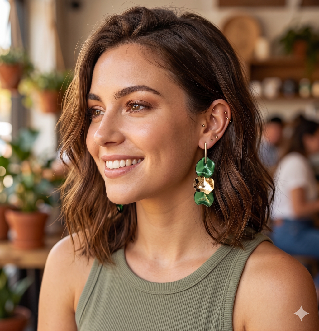 Emerald Green and Gold Petal Drop Earrings