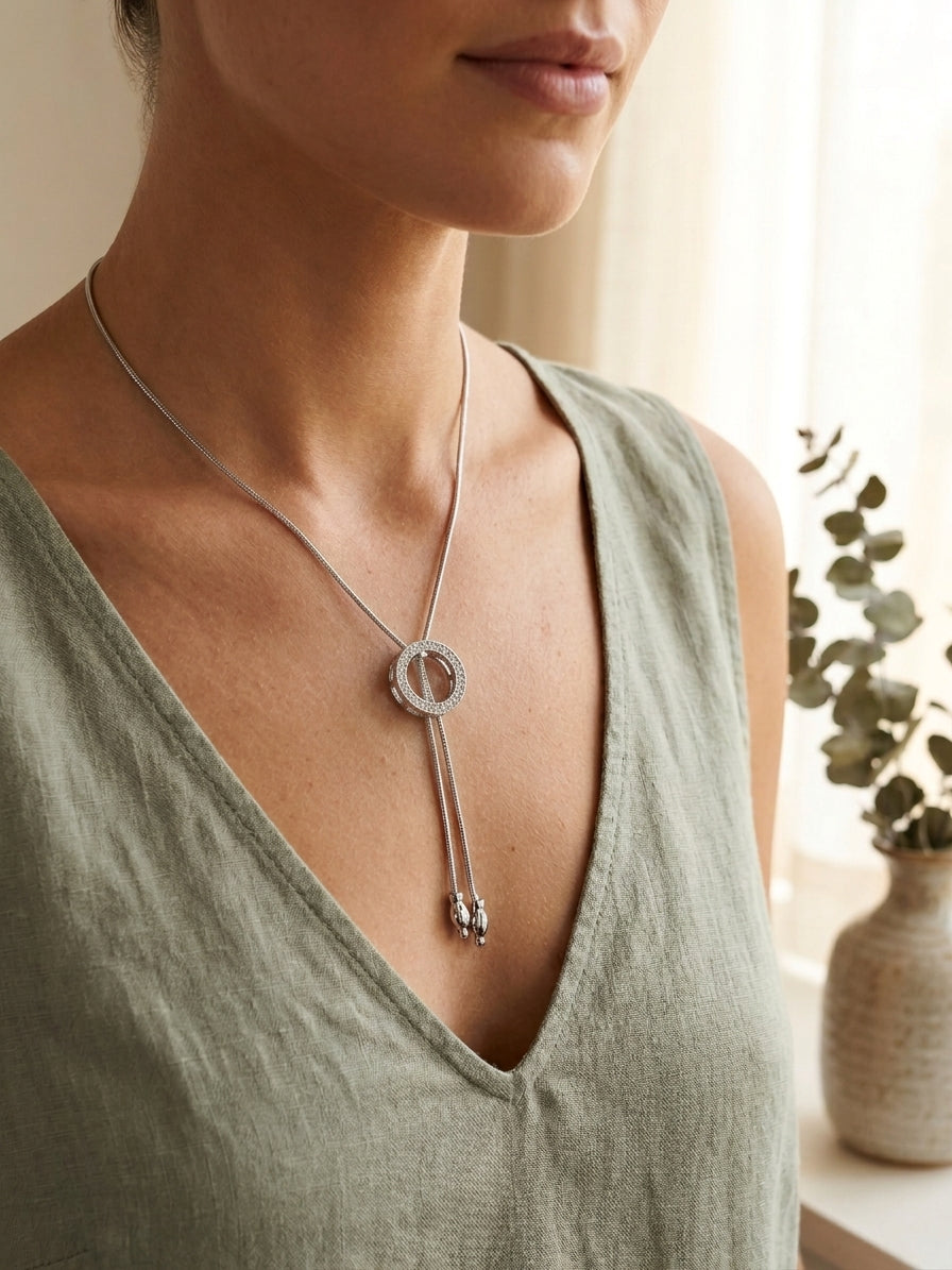 Silver Crystal Circle Slider Necklace, Lariat Style