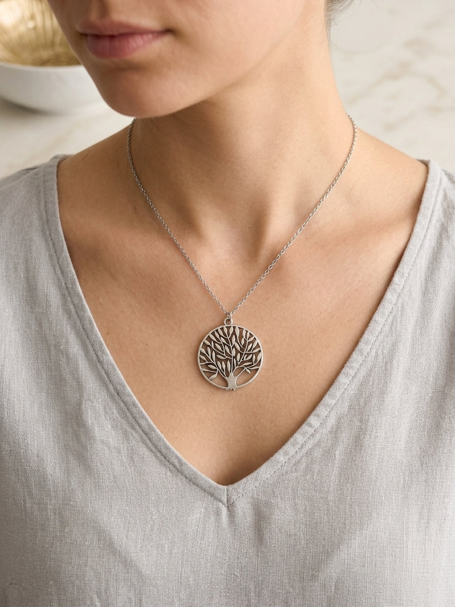 Silver Tree of Life Circle Pendant Necklace