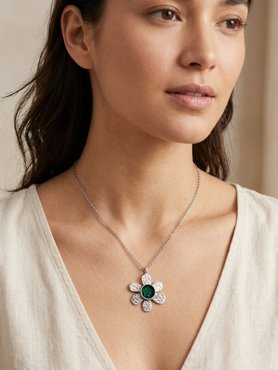 Silver Hammered Daisy Pendant Necklace, Green Centre