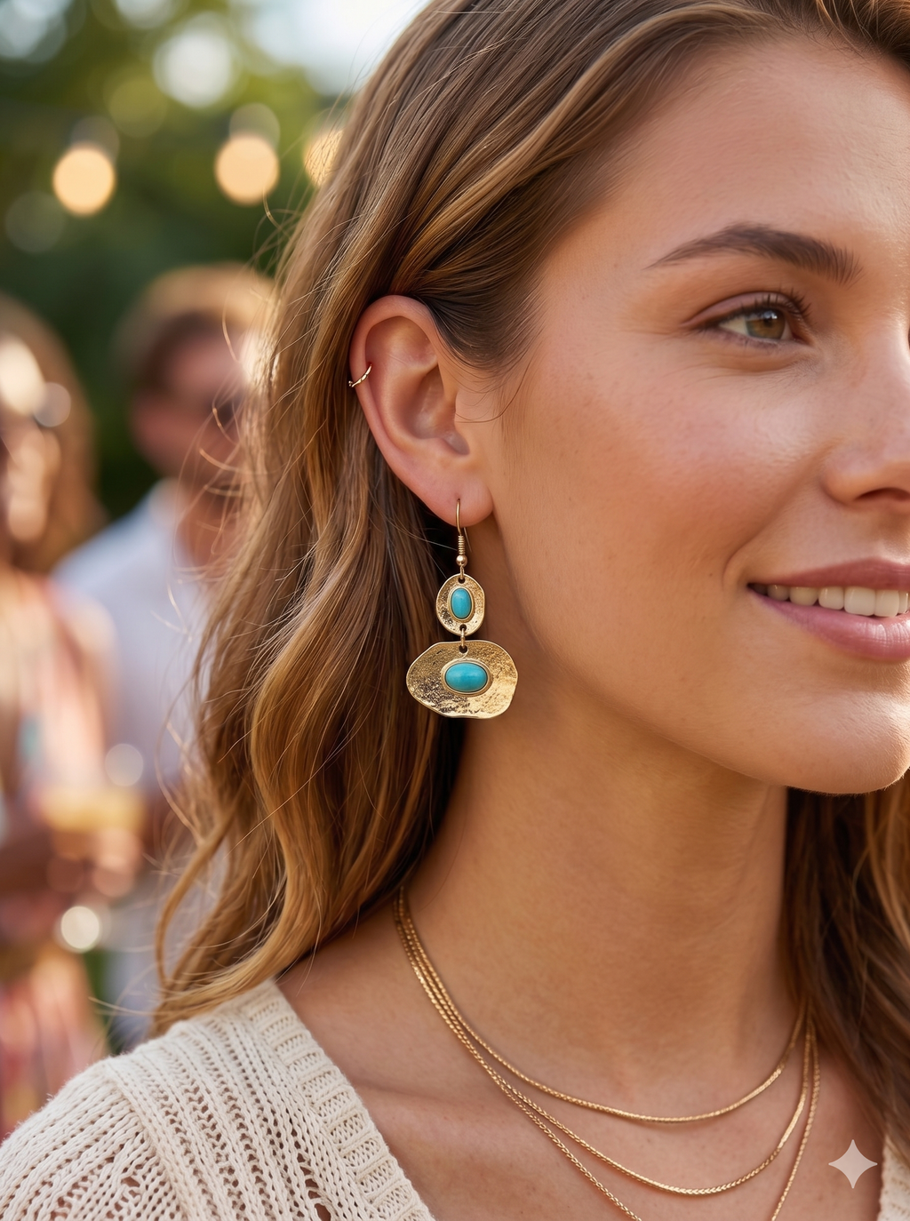 Antiqued Gold and Turquoise Cabochon Statement Drop Earrings