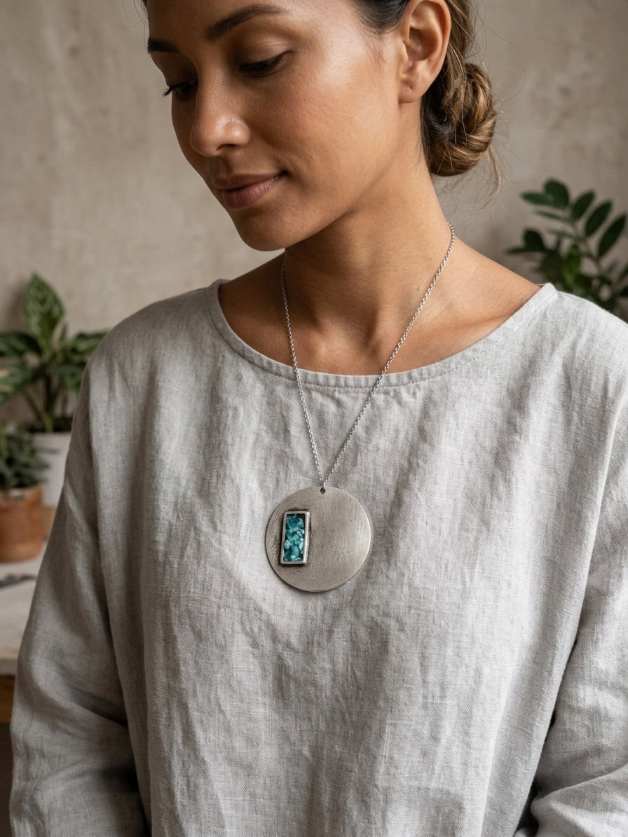 Silver Circle Pendant Necklace, Blue Resin Inlay