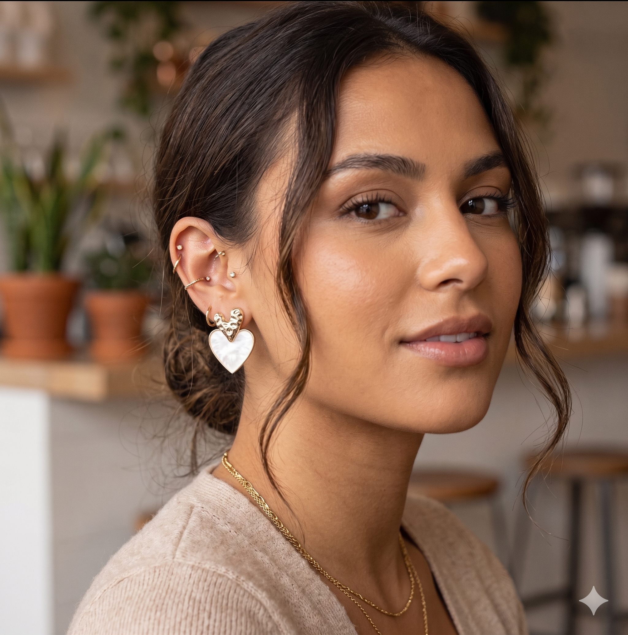 Hammered Gold Double Heart Earrings with pearlised drop