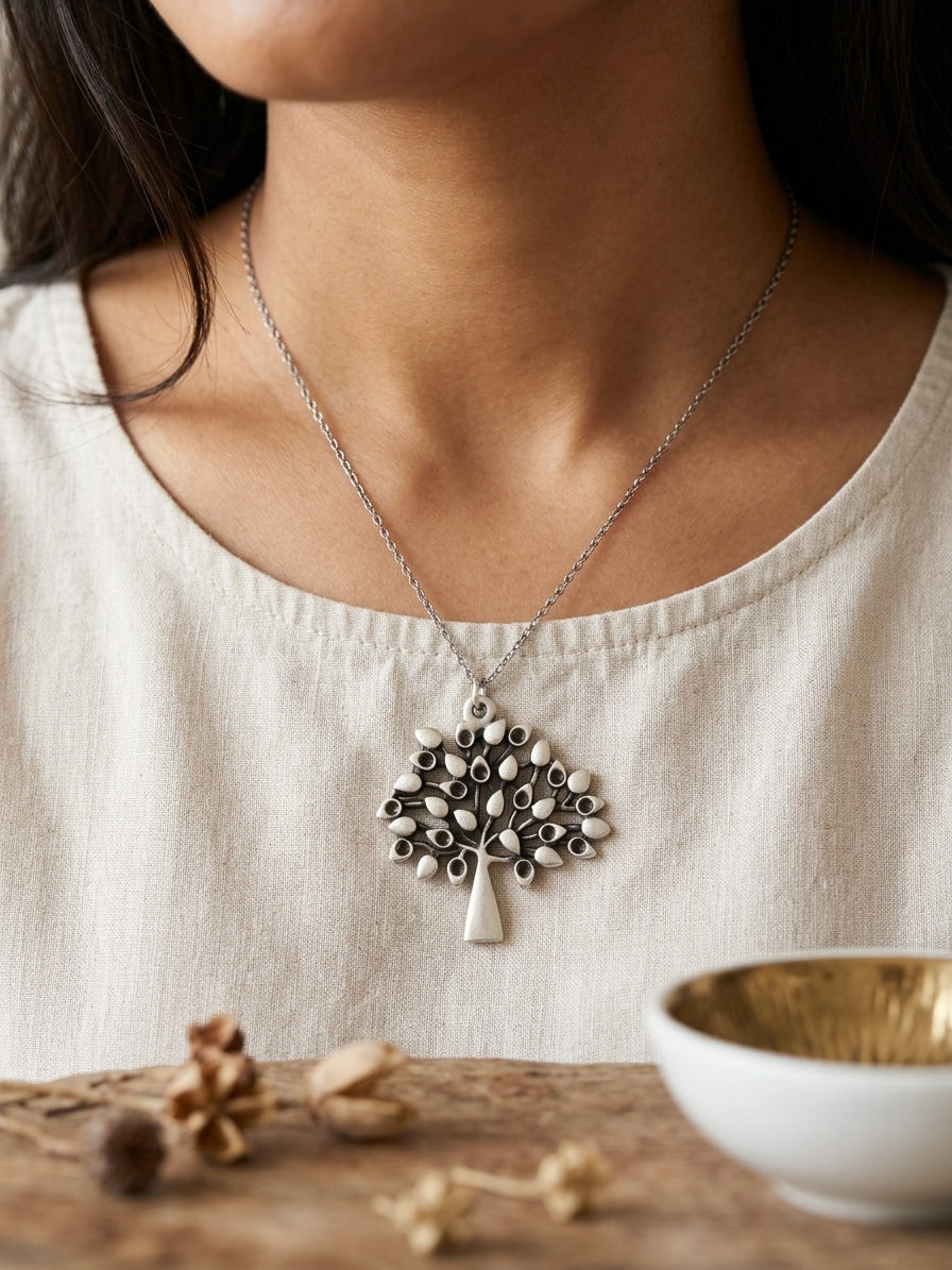 Silver Tree of Life Pendant Necklace, Teardrop Leaves