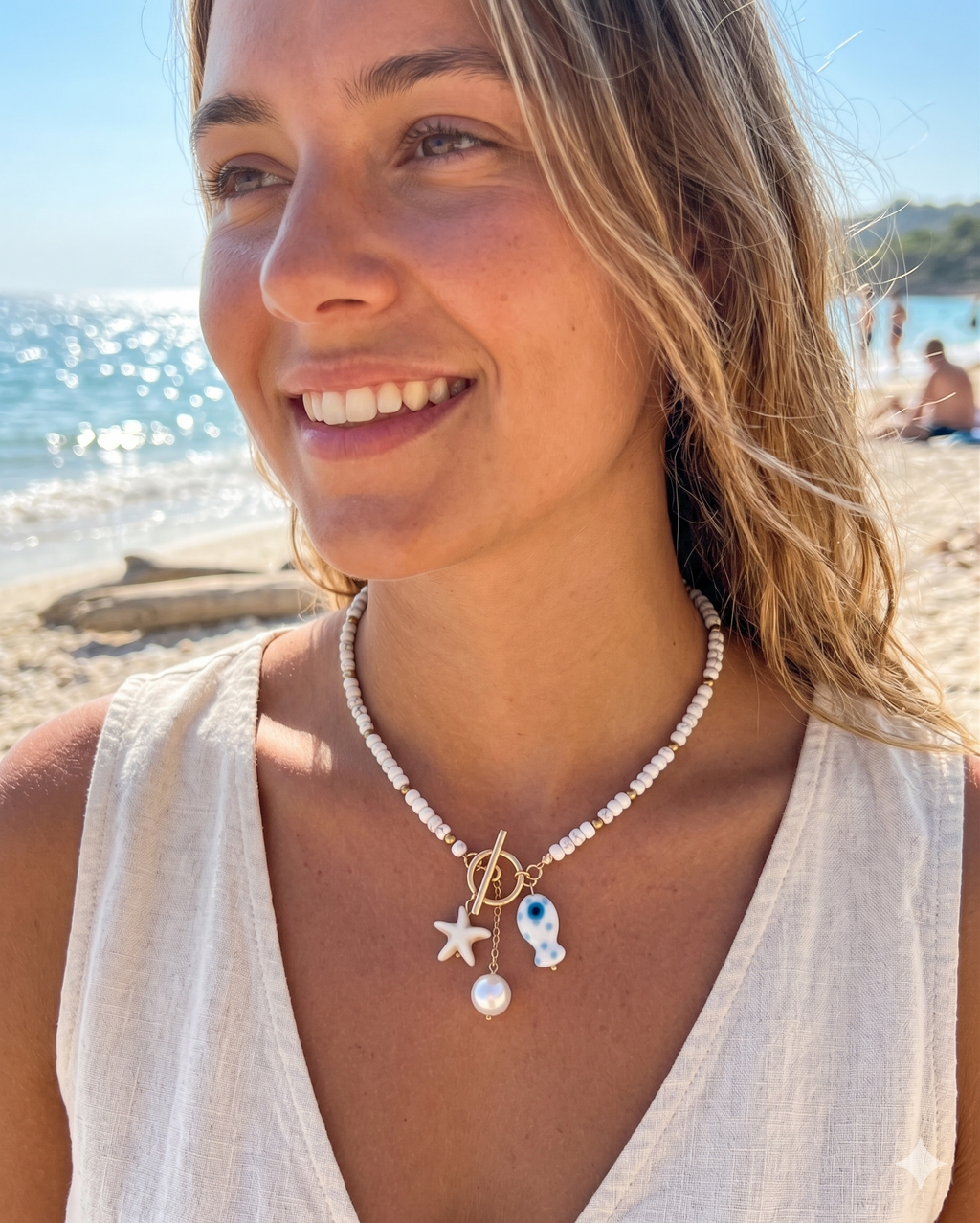 White Bead Coastal Charm Necklace