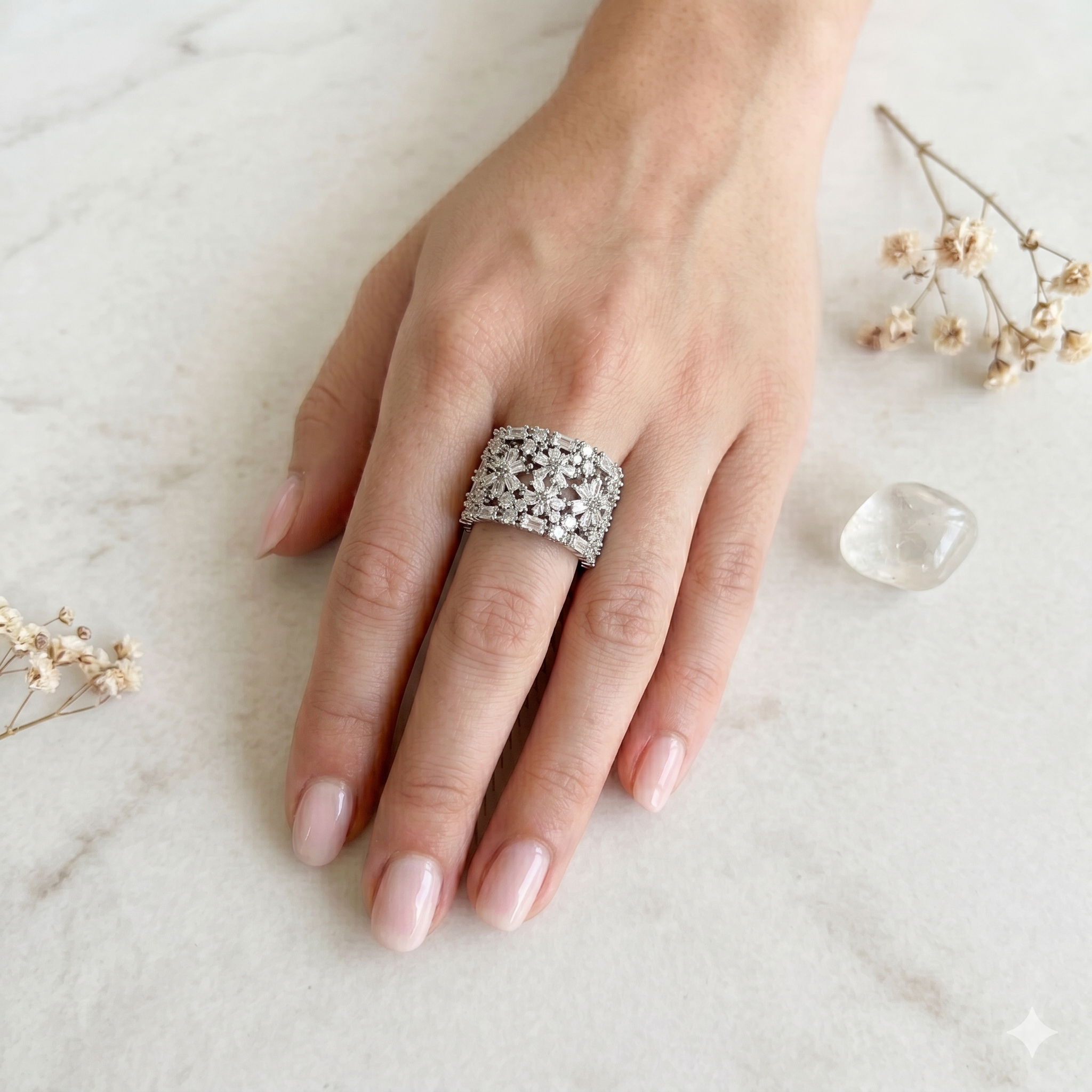 Wide Silver Band Ring with Zircon and Flower Detail