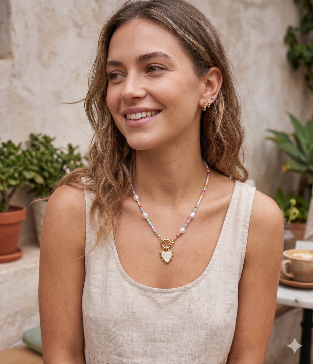 Pastel Seed Bead & Pearl Heart Necklace