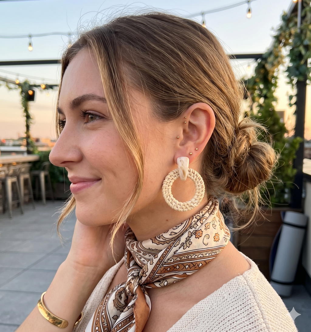 Beach House Cream Resin Rattan Hoop Drop Earrings