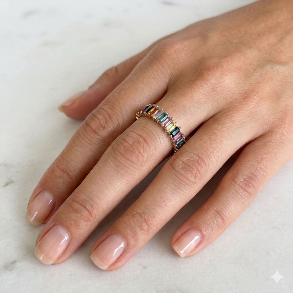 Rainbow Baguette Eternity Ring, Multicolour Crystal