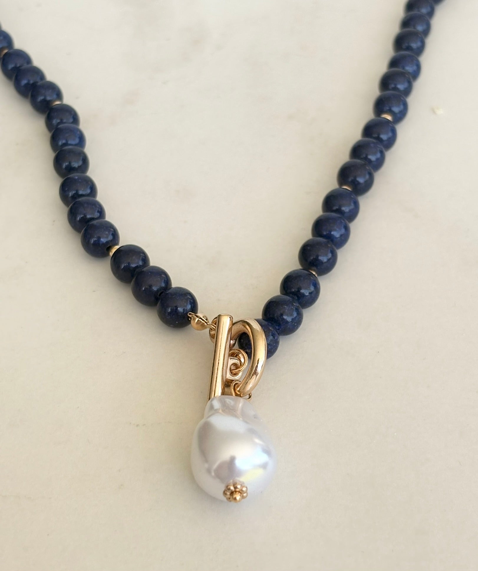 Midnight Blue & Baroque Pearl Toggle Necklace