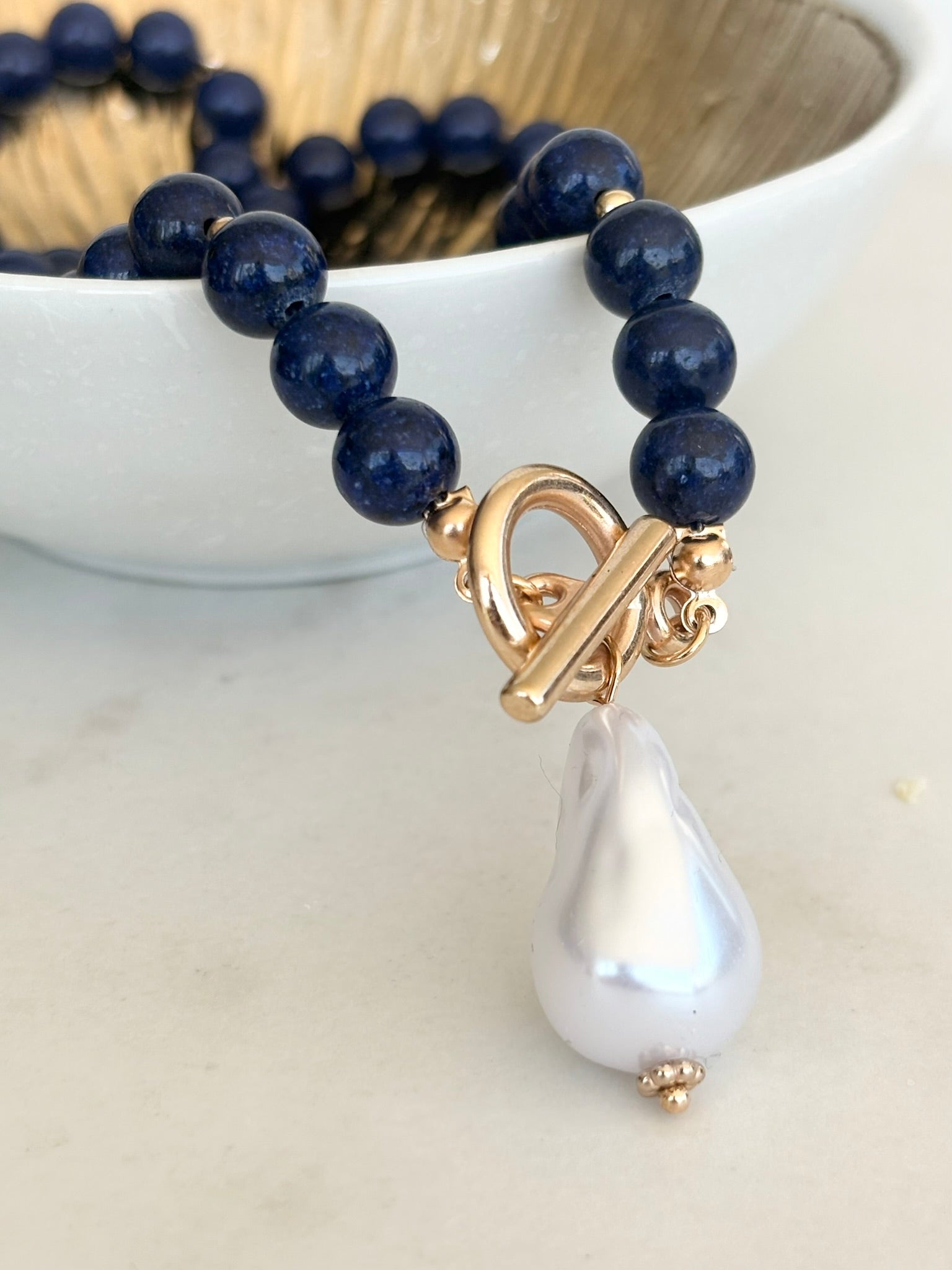 Midnight Blue & Baroque Pearl Toggle Necklace