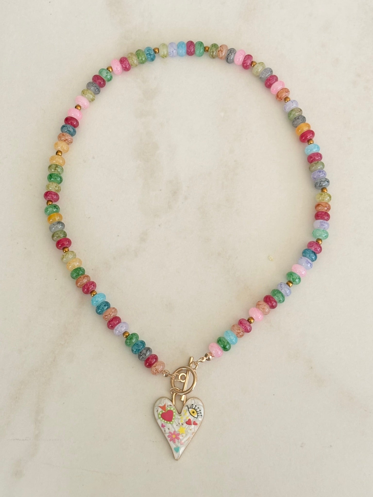 Rainbow Rondelle & Folk Art Heart Necklace