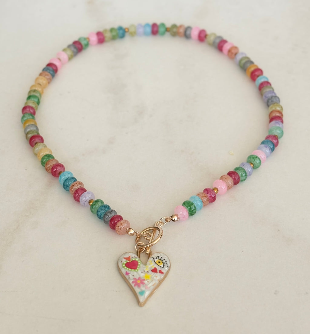 Rainbow Rondelle & Folk Art Heart Necklace