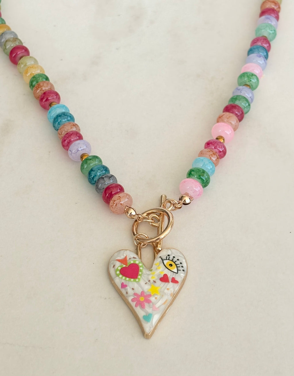 Rainbow Rondelle & Folk Art Heart Necklace