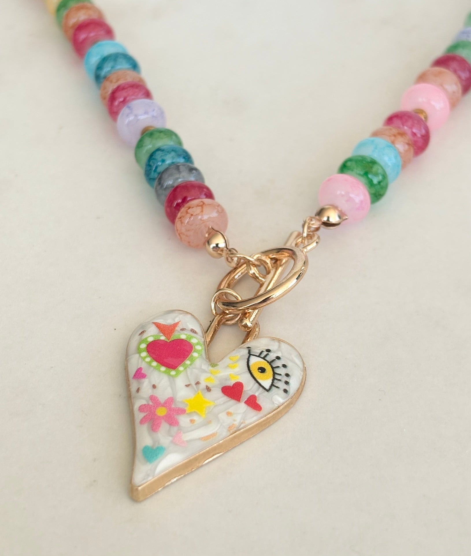 Rainbow Rondelle & Folk Art Heart Necklace