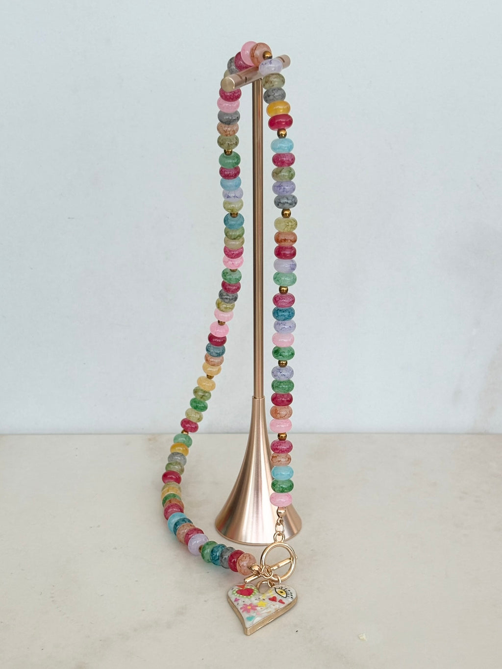 Rainbow Rondelle & Folk Art Heart Necklace